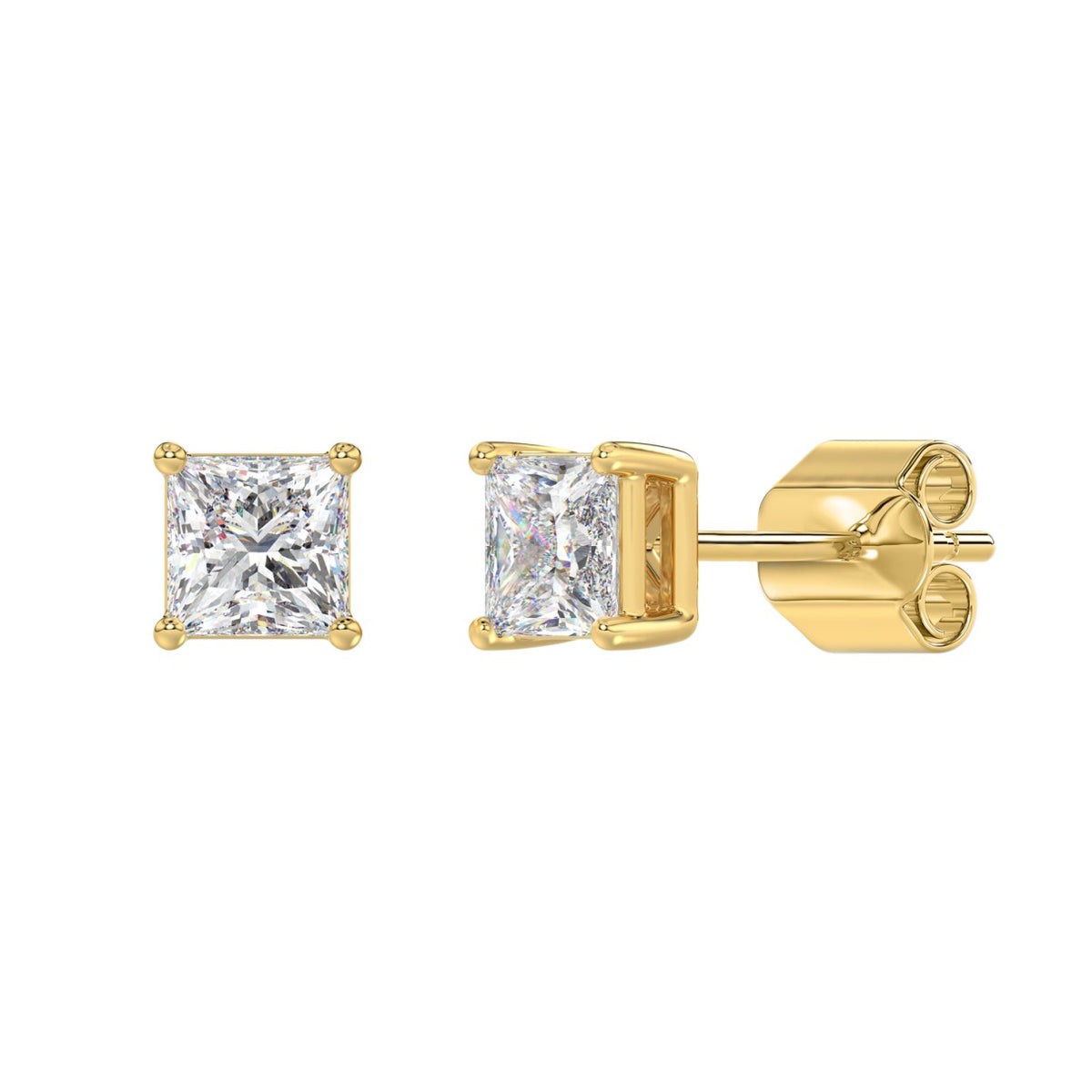 4-Prong Princess Stud Earrings - Yellow & White Gold - Lab Grown