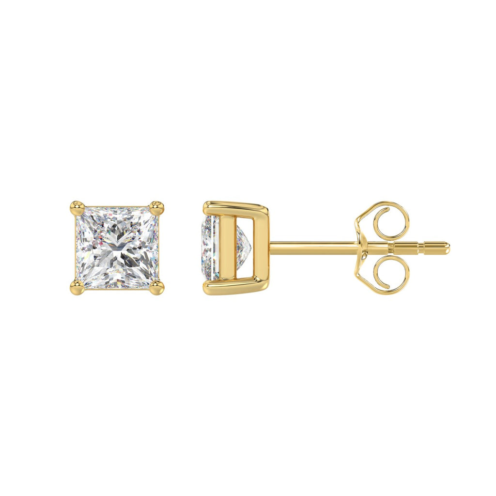 4-Prong Princess Stud Earrings - Yellow & White Gold - Lab Grown