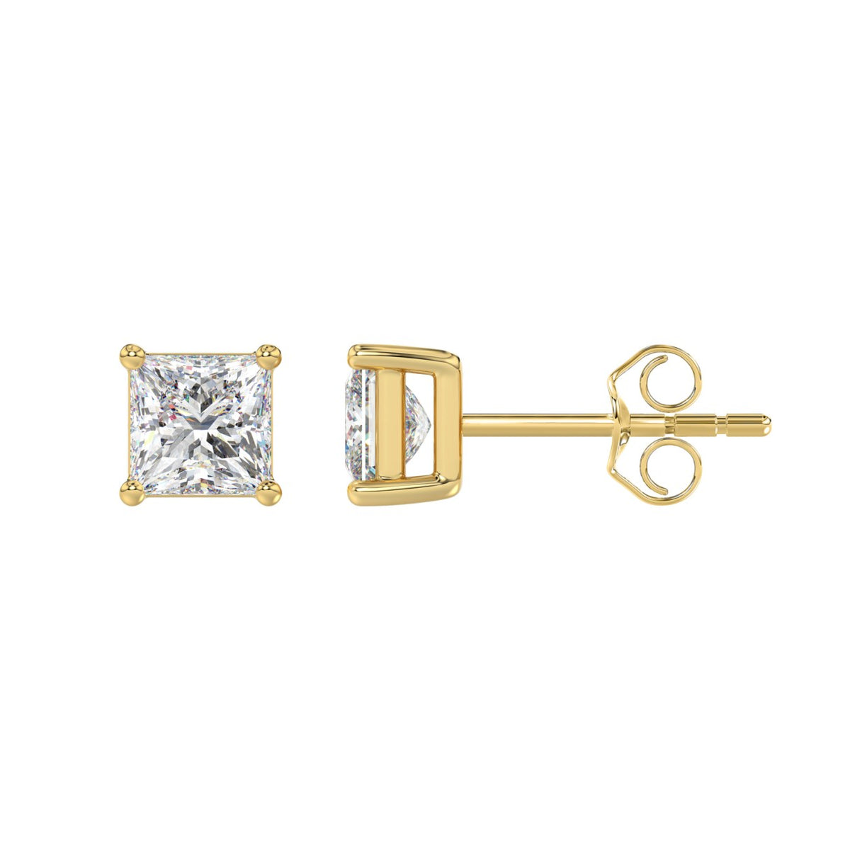 4-Prong Princess Stud Earrings - Yellow & White Gold - Lab Grown